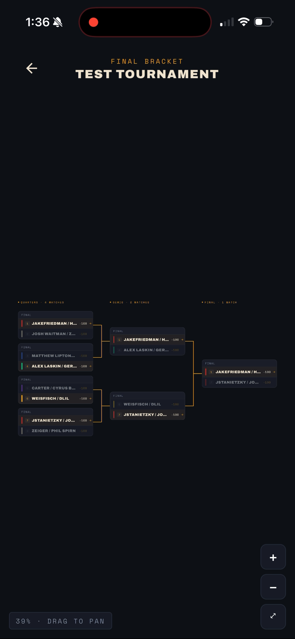 BeerLo tournament bracket screen