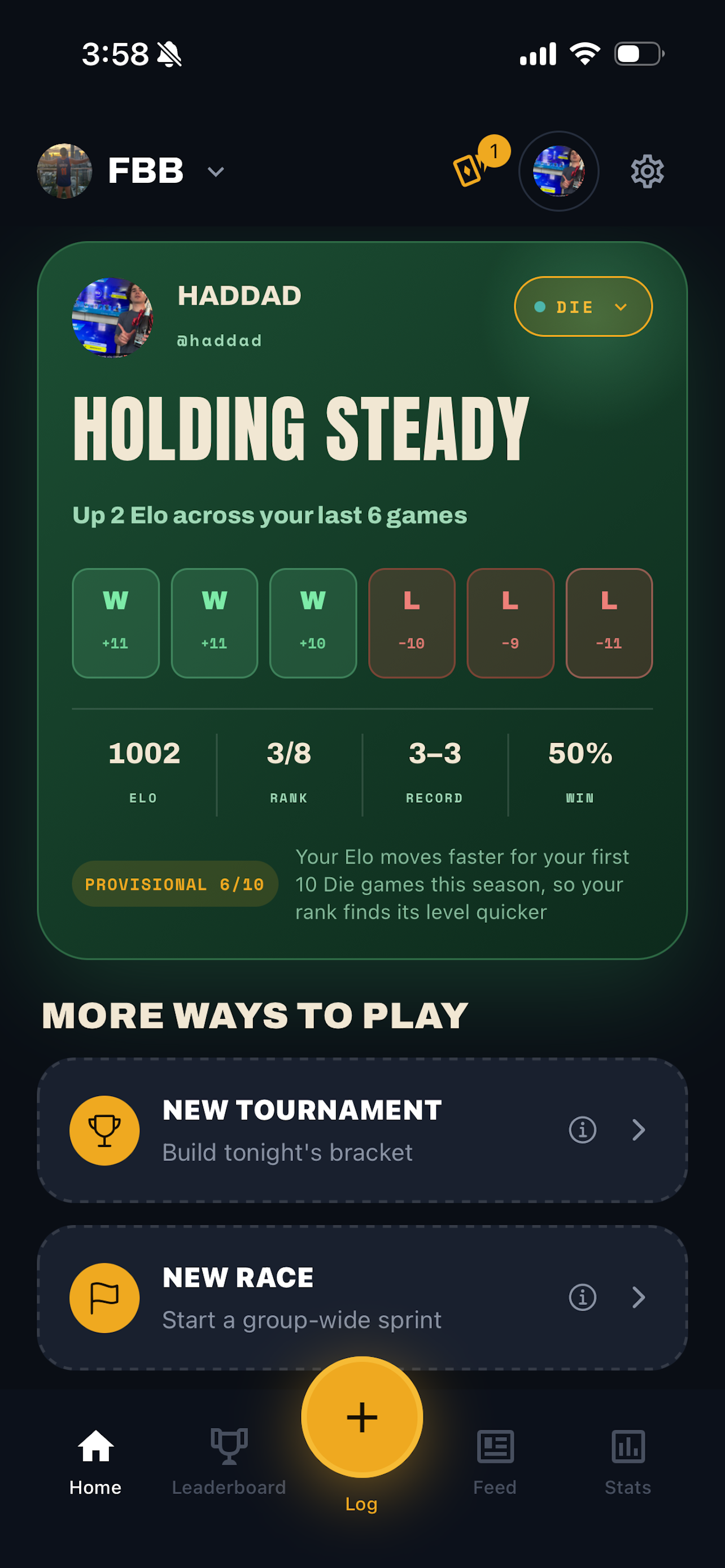 BeerLo home screen showing recent form, ELO, rank and win rate