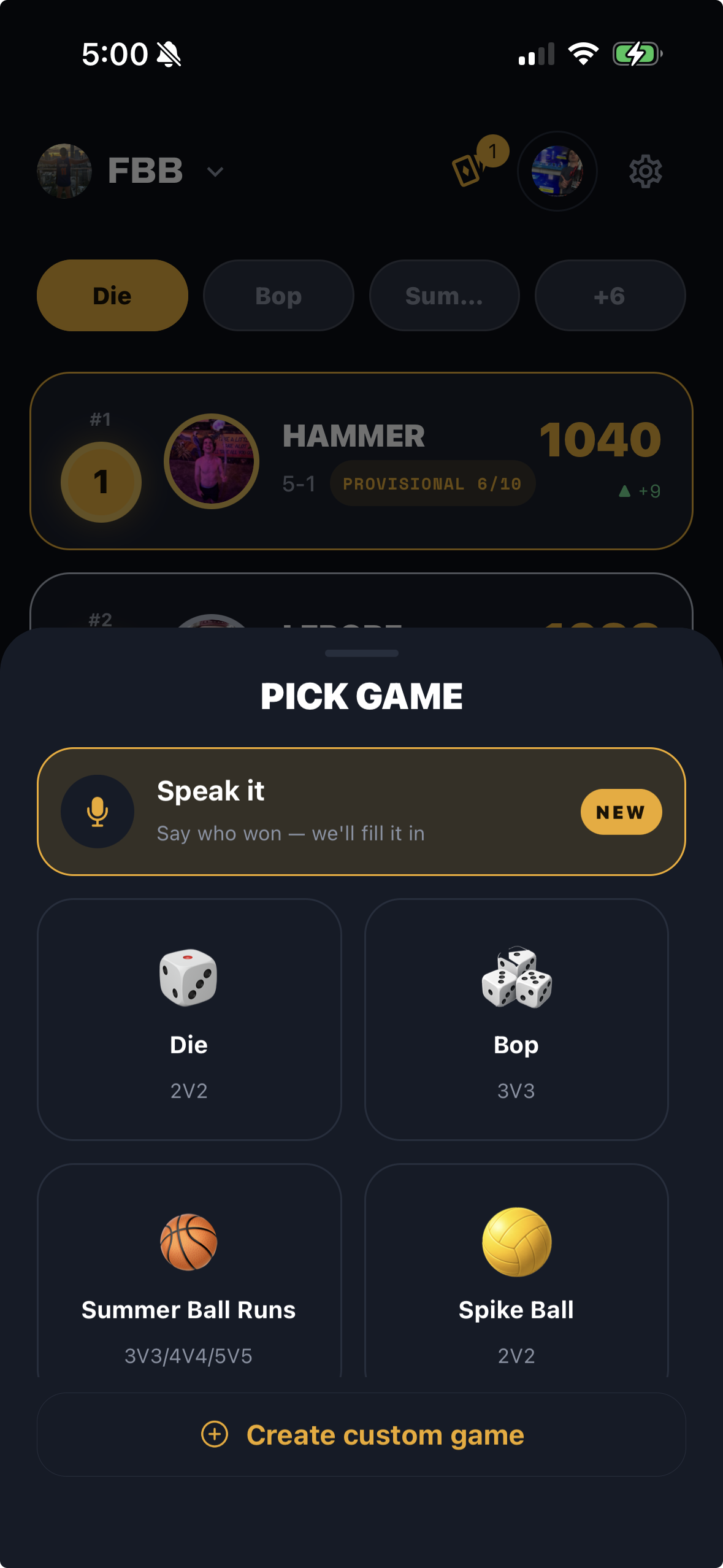 BeerLo pick a game screen with Die, Bop, Summer Ball Runs and Spike Ball