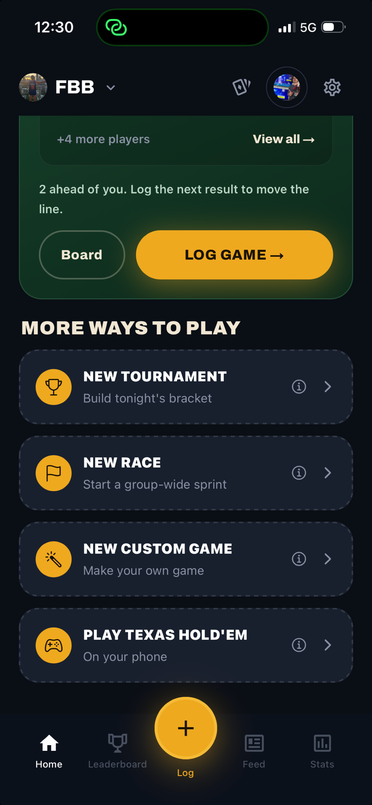 BeerLo home screen showing tournaments, races, custom games and Texas Hold'em