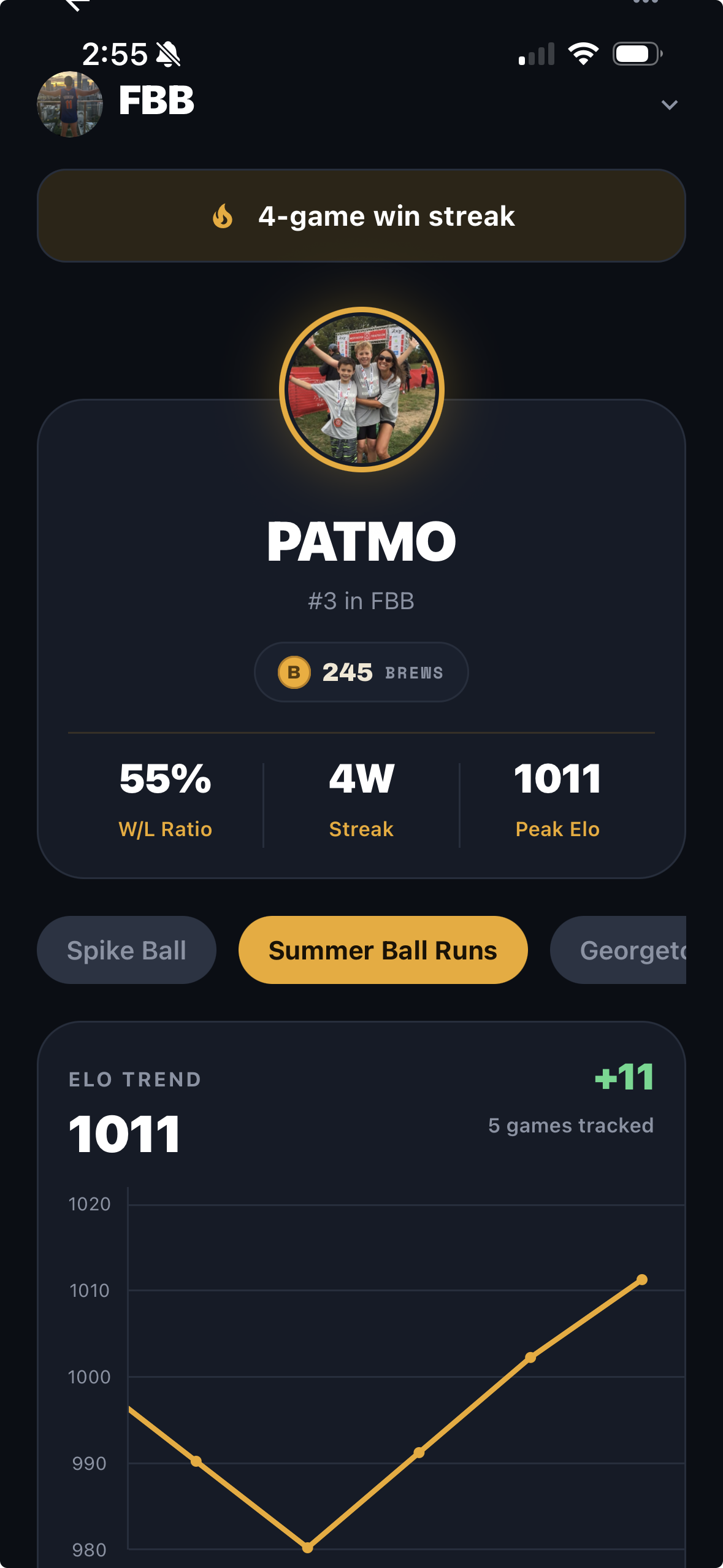 BeerLo player profile screen